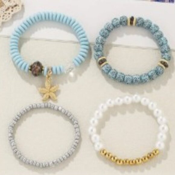 4PCS Starfish Pendant Blue Beaded Bracelet Set Glass Beads Beach Ocean Boho - Picture 2 of 6